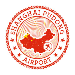 Shanghai Pudong Airport stamp. Airport logo vector illustration. Shanghai aeroport with country flag.