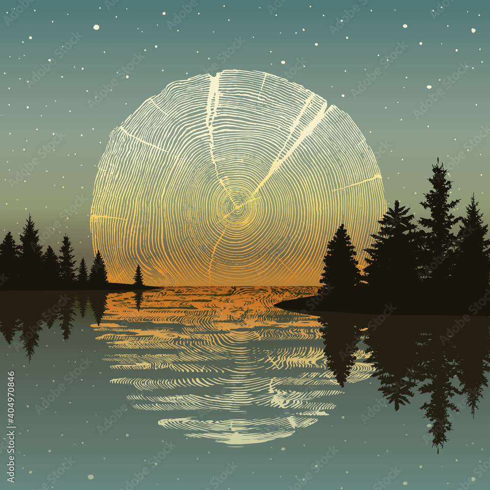 Wall mural sunset over a calm lake with reflection of a glowing sun under a starry sky in a tree rings section