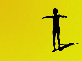 Fototapeta na wymiar Black silhouette of human figure with crossed arms, on yellow background. Digital illustration