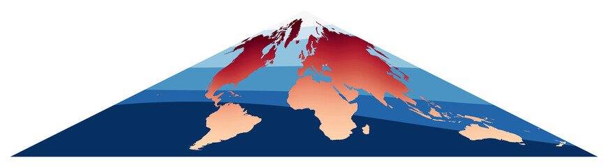 World Map Vector. Collignon equal-area pseudocylindrical projection. World in red orange gradient on deep blue ocean waves. Neat vector illustration.