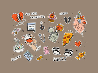 Set of stickers for Valentine's Day. Broken heart in tattoo style. Vector set of trendy linear hipster symbols - mono line tattoo graphics. For the design of stickers and patches - obrazy, fototapety, plakaty