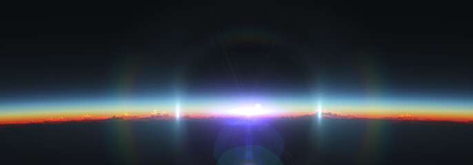 Earth sunrise from space over cloudy ocean. 3d rendering