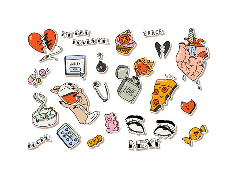 Set of broken heart stickers. Anti-valentine day. Tattoo elements collection. Heart, tears, parting, sadness, wine, cigarettes. Doodle style clipart. Colored Vector. For print and web design.