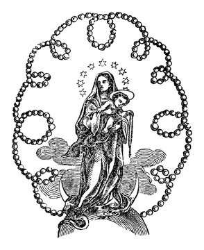 Ornamental image of Madonna or virgin Mary holding baby Jesus Christ surrounded by pearl ornament.Antique vintage biblical Christian religious engraving or drawing.