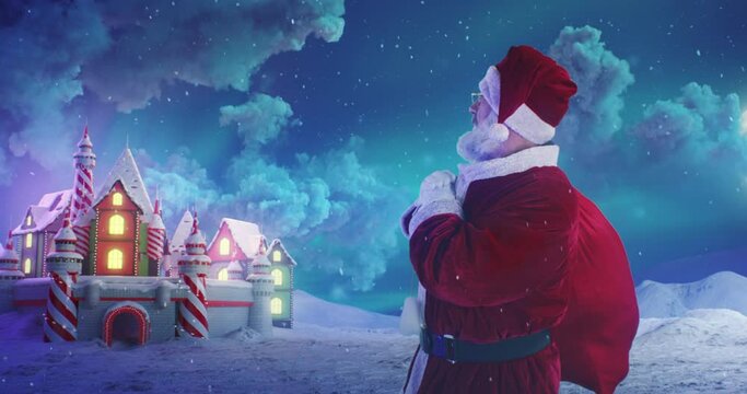 Santa Claus leaving magic kingdom in Christmas