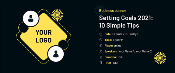 Business banner with photo frames of speakers and contact data on a dark background. Yellow vector template for webinar, conference, invitation, e-mail, flyer, meetup, party, event, web header
