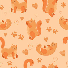 Pattern with lovely adorable fat cats. Seamless pattern. Cartoon cats walking and playing, paws and hearts background. Perfect for kids textile, fabrics. Childish illustration.