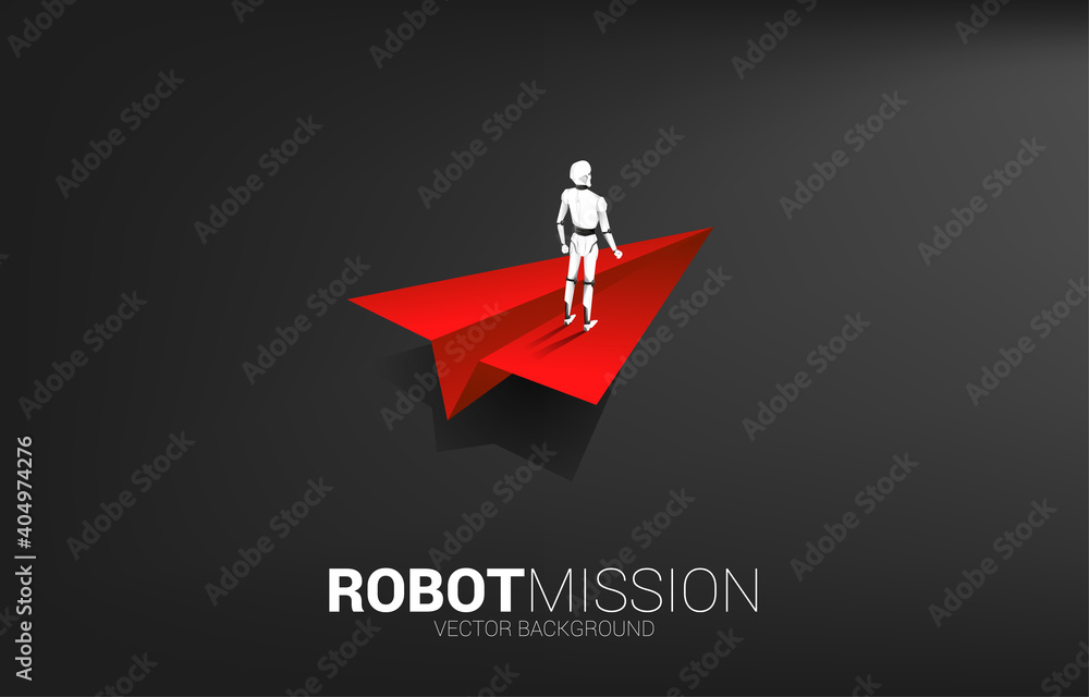 Poster Robot standing with red origami airplane. concept of artificial intelligence and machine learning worker technology
