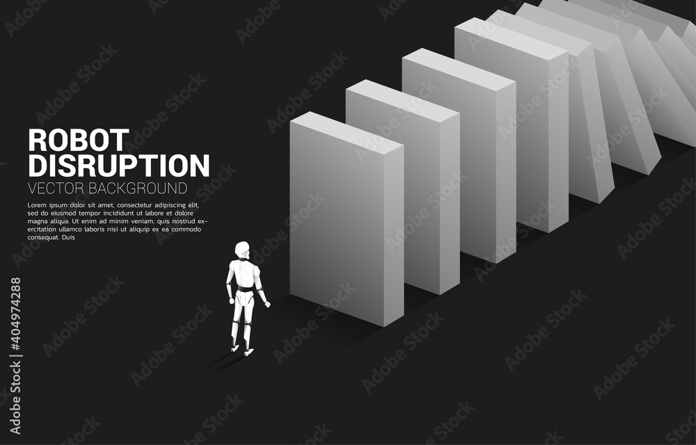 Poster Robot standing at the end of domino collapse. Concept of artificial intelligence industry disrupt