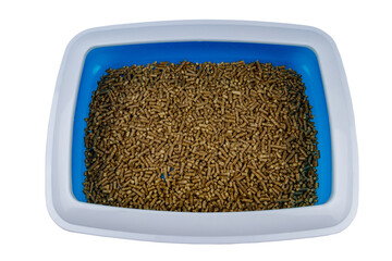 Cat's litter box with filler isolated on white background