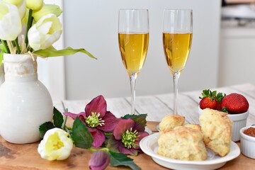 Celebratory Mother's Day brunch for breakfast in bed to honour Mom with gourmet scones and...