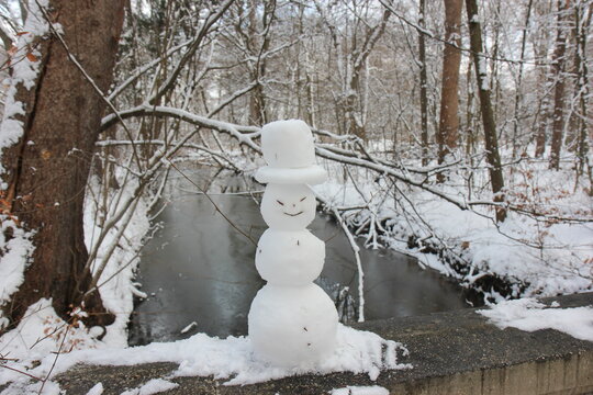 Funny snow sculpture, one day before thaw.  Miniatur snowman .	