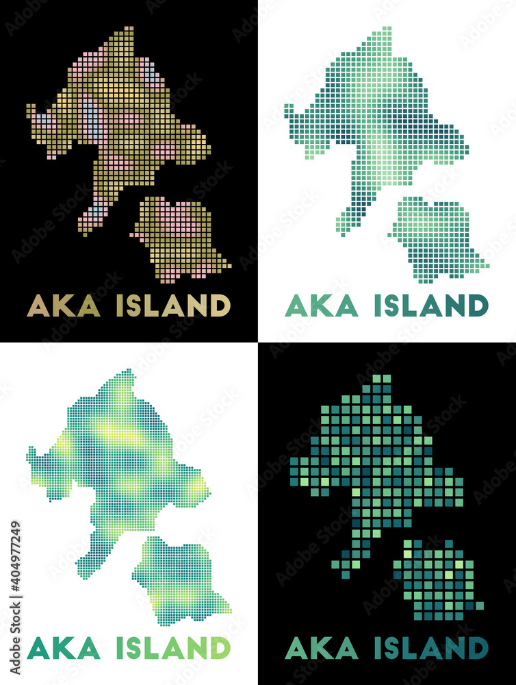 Poster aka island map. collection of maps of aka island in dotted style. borders of the island filled with 