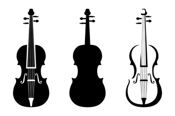 Set of three black silhouettes of violins isolated on a white background. Vector illustration. - obrazy, fototapety, plakaty