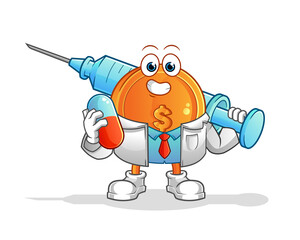 dollar coin doctor holding medichine and injection vector. cartoon character