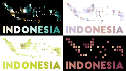 Indonesia map. Collection of map of Indonesia in dotted style. Borders of the country filled with rectangles for your design. Vector illustration.