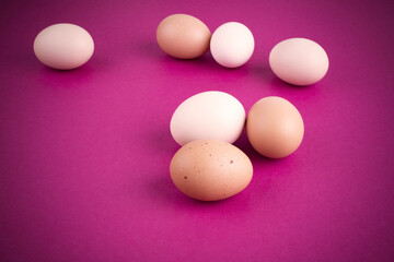Chicken eggs on a pink background. Place for your text. Close-up