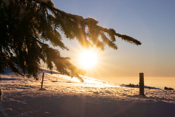 Sonnenuntergang auf dem Berg im Schwarzwald mit Schnee