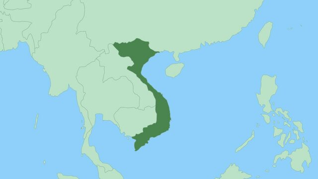 Map of Vietnam with pin of country capital. Vietnam Map with neighboring countries in green color.