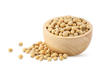 Close up soybean seeds in wooden bowl on white background isolated with clipping path and full depth of field