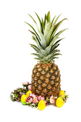 Easter composition of pineapple, flower wreath and colored eggs on white
