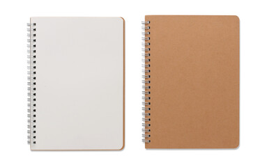 Top view closed and opened image of spiral blank notebook or notepad isolated and white background...