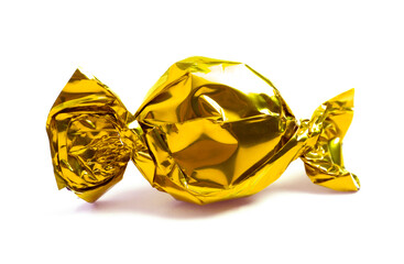 Single Golden Wrapped Candy on a White Background