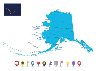 US State of Alaska Map and flat map icons