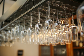 Many clean glasses on metal rack in restaurant