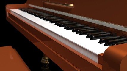 Orange Grand Piano under black background. 3D illustration. 3D high quality rendering. 3D CG.