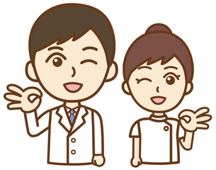 OKのジェスチャーをする医者の男性と看護師の女性の正面向き上半身イラスト