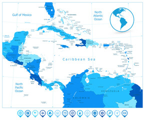 Blue Map of the Caribbean and pin icons