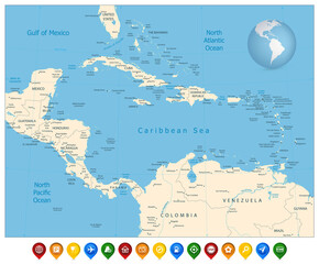 Political Map of the Caribbean and colorful map markers