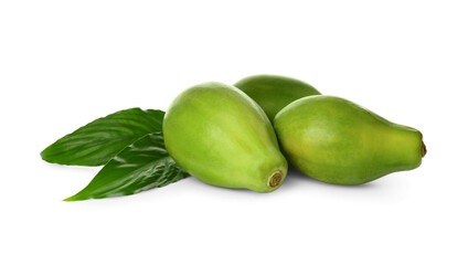 Fresh ripe papaya fruits with green leaves on white background