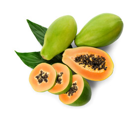 Fresh ripe papaya fruits with green leaves on white background