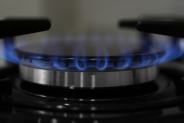 Modern kitchen stove with burning gas, closeup