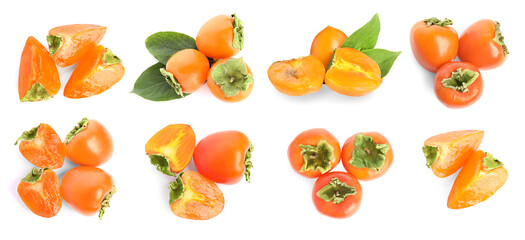 Set of delicious fresh ripe persimmons on white background, top view. Banner design