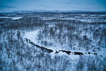 Aerial View of River in Winter Forest