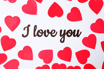 Text I Love You and red hearts on white background