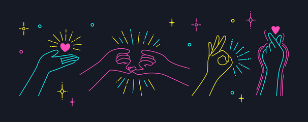 Dark postcard Valentines Day, hand holds heart. Finger love symbol, Female hands gestures Korean love sign. Design symbol minimalist trend style. I love you color Icon. Greeting vector illustration