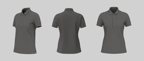 Blank collared shirt mockup, front, side and back views, tee design presentation for print, 3d rendering, 3d illustration