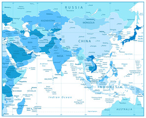 South Asia Map in Colors of Blue