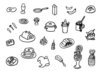 Icon set of food and dishes, painted in black and white on a white background. Vector image