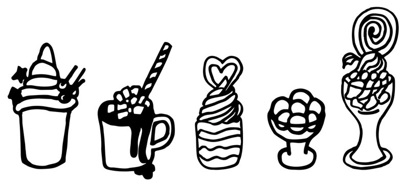 Icon set of ice cream and hot chocolate with marshmallow cupcake, dessert painted in black and white on a white background. Vector image