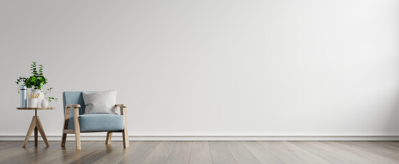 The interior has a armchair on empty white wall background. - obrazy, fototapety, plakaty