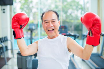Senior asian man practicing boxing pose and background blur diverse equipment and machines at the gym room. Fitness, sport, Advertising concept