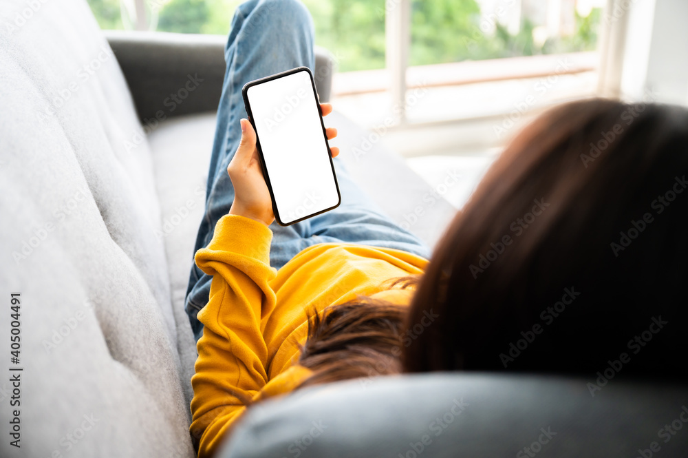 Aufkleber woman using mobile smartphone and device white screen empty space smart phone, clipping path include