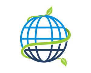Globe with green leaf surrounding logo