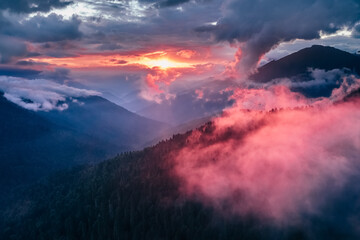 Aerial view of sunset in the mountains of Caucasus nature reserve, Russia