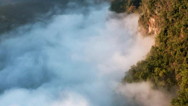 Aerial view of beautiful morning mist mountain in Bang Cha Po or Ban Ja Bo village in Pang ma pha district in Mae Hong Son, Thailand